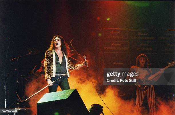 John Deverill and Richard 'Rocky' Laws of The Tygers of Pan Tang perform on stage at The Reading Festival on August 28th, 1982 in Reading, Berkshire,...