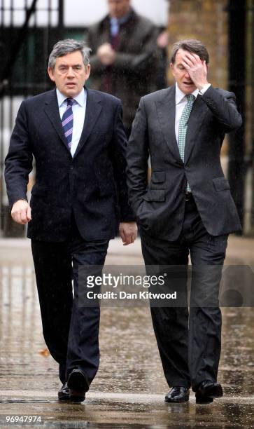 British Prime Minister Gordon Brown and Business Secretary Peter Mandelson arrive at the Saatchi Gallery on February 22, 2010 in London, England. Mr...
