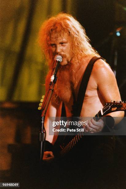 James Hetfield of Metallica performs on stage at Wembley Arena on May 24th, 1990 in London, England.