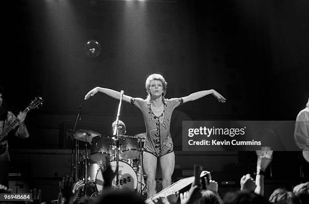 English singer David Bowie performs on stage at Free Trade Hall in Manchester as part of the Ziggy Stardust / Aladdin Sane tour on June 07, 1973.