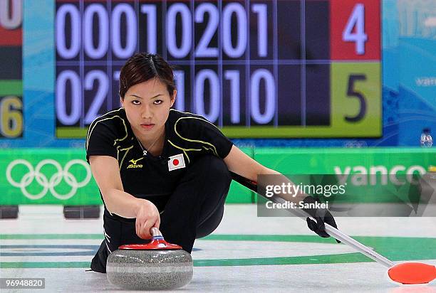 Anna Ohmiya compete during the women's curling round robin game between Japan and Germany on day 10 of the Vancouver 2010 Winter Olympics at...