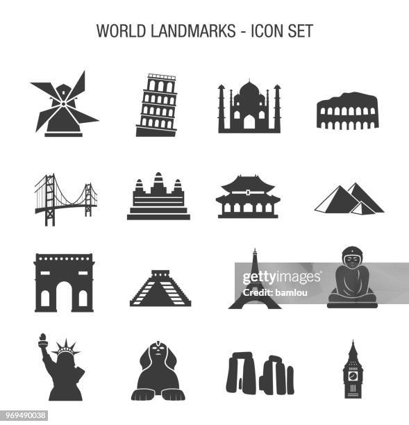 welt-sehenswürdigkeiten-icon-set - leaning tower of pisa stock-grafiken, -clipart, -cartoons und -symbole