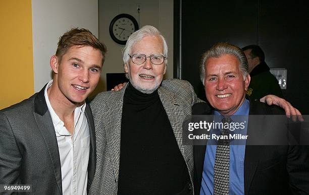 Cast member Brian Geraghty, playwright Frank D. Gilroy and cast member Martin Sheen pose backstage after the opening night performance of "The...