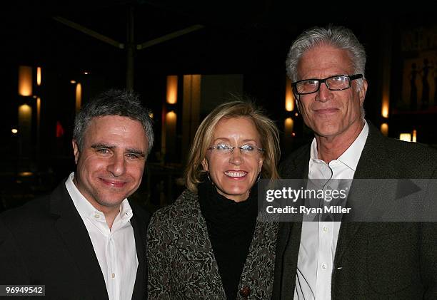 Director Neil Pepe, actress Felicity Huffman and actor Ted Danson pose during the arrivals for the opening night performance of "The Subject Was...