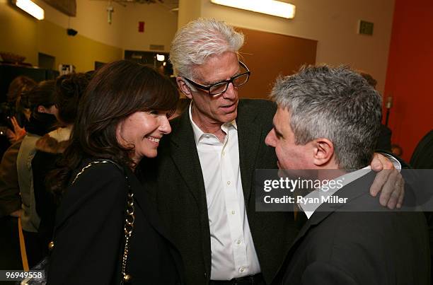 Actors Mary Steenburgen, Ted Danson congratulate director Neil Pepe pose backstage after the opening night performance of "The Subject Was Roses" at...