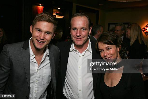 Cast member Brian Geraghty poses with actors Clark Gregg and Jennifer Grey at the opening night party for "The Subject Was Roses" at the Center...