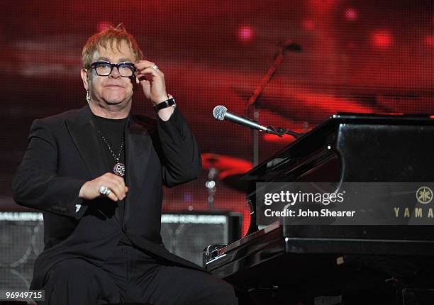 Sir Elton John performs onstage at the 2010 MusiCares Person Of The Year Tribute To Neil Young at the Los Angeles Convention Center on January 29,...