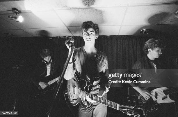 Will Sergeant, Ian McCulloch and Les Pattinson of British band Echo and the Bunnymen perform on stage at Gaetano's in Manchester, England on June 20,...