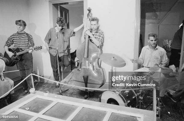 Will Sergeant, Ian McCulloch, Les Pattinson and Phil De Freitas of British band Echo and the Bunnymen perform on stage at Brian's Cafe in Liverpool,...