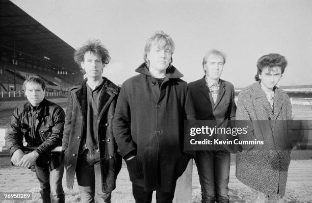 Simon Blackwell, Nigel Blackwell, Neil Crossley, Paul Wright and David Lloyd of British band Half Man Half Biscuit at Prenton Park, the home of...