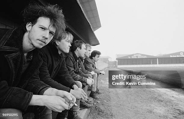 Nigel Blackwell, Neil Crossley, Simon Blackwell, Paul Wright and David Lloyd of British band Half Man Half Biscuit at Prenton Park, the home of...