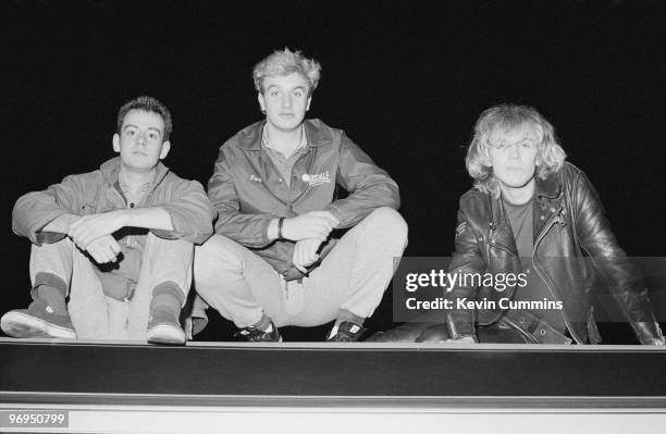 Keyboard player David Balfe, drummer Gary Dwyer and singer and bassist Julian Cope of British band The Teardrop Explodes at Lancaster University on...