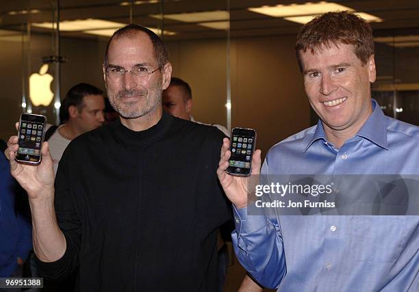 Steve Jobs, Apple CEO and Matthew Key, Chief Executive O2 UK at the launch of the exclusive iPhone on O2 at the Apple store on September 18, 2007...