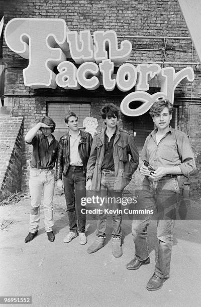 Les Pattinson, Pete De Freitas, Ian McCulloch and Will Sergeant of British band Echo and the Bunnymen outside the the Granada television studio for...