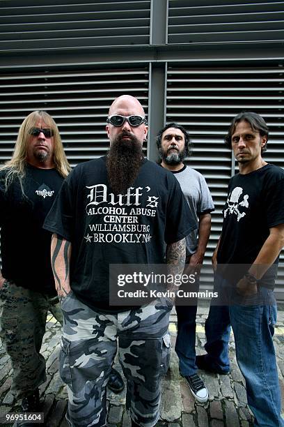 Guitarist Jeff Hanneman, Kerry King, bassist and singer Tom Araya and drummer Dave Lombardo of American rock band Slayer in London, England on August...