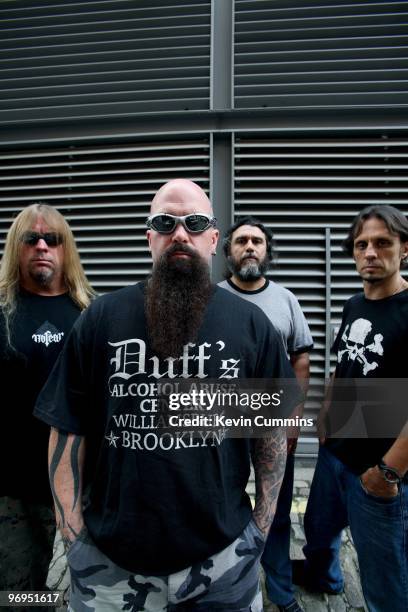 Guitarist Jeff Hanneman, Kerry King, bassist and singer Tom Araya and drummer Dave Lombardo of American rock band Slayer in London, England on August...