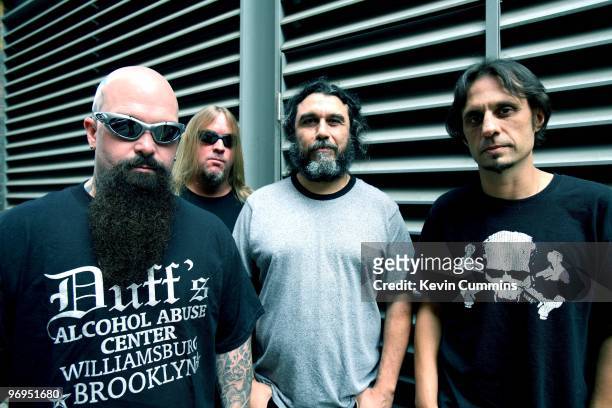 Guitarist Kerry King, Jeff Hanneman, bassist and singer Tom Araya and drummer Dave Lombardo of American rock band Slayer in London, England on August...