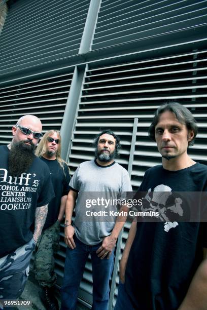 Guitarist Kerry King, Jeff Hanneman, bassist and singer Tom Araya and drummer Dave Lombardo of American rock band Slayer in London, England on August...