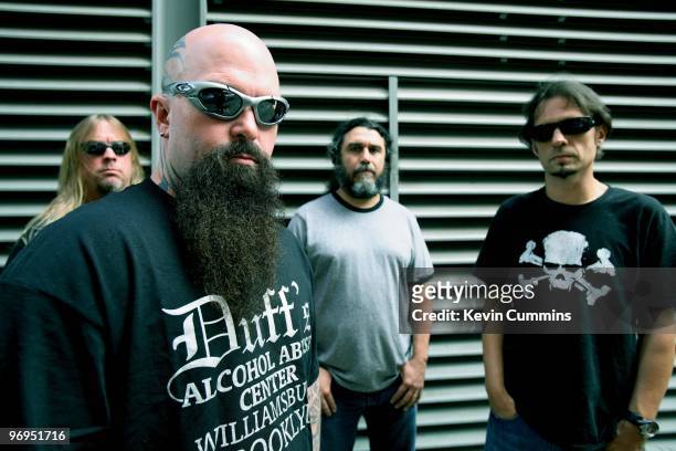Guitarist Jeff Hanneman, Kerry King, bassist and singer Tom Araya and drummer Dave Lombardo of American rock band Slayer in London, England on August...