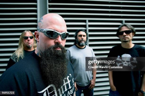 Guitarist Jeff Hanneman, Kerry King, bassist and singer Tom Araya and drummer Dave Lombardo of American rock band Slayer in London, England on August...