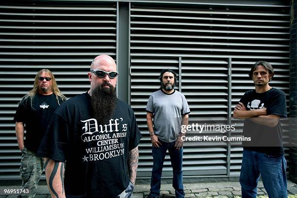 Guitarist Jeff Hanneman, Kerry King, bassist and singer Tom Araya and drummer Dave Lombardo of American rock band Slayer in London, England on August...