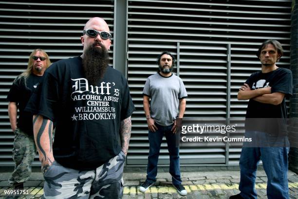 Guitarist Jeff Hanneman, Kerry King, bassist and singer Tom Araya and drummer Dave Lombardo of American rock band Slayer in London, England on August...