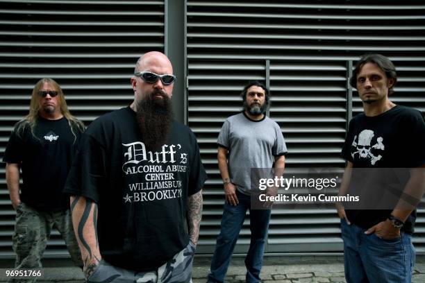 Guitarist Jeff Hanneman, Kerry King, bassist and singer Tom Araya and drummer Dave Lombardo of American rock band Slayer in London, England on August...