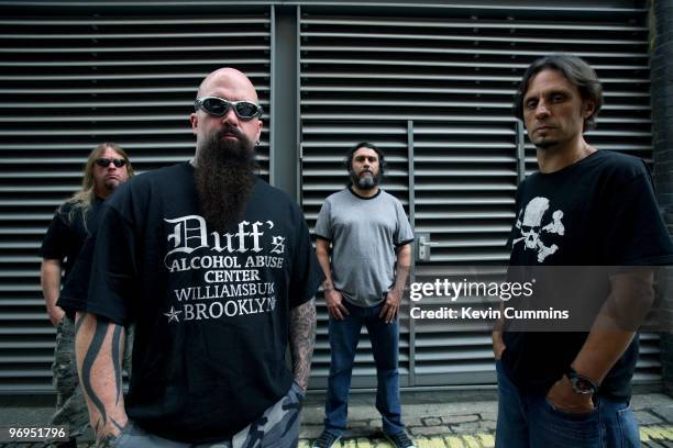 Guitarist Jeff Hanneman, Kerry King, bassist and singer Tom Araya and drummer Dave Lombardo of American rock band Slayer in London, England on August...