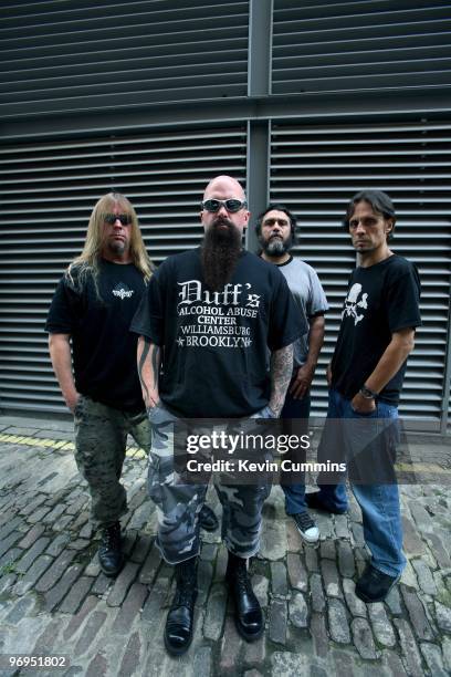 Guitarist Jeff Hanneman, Kerry King, bassist and singer Tom Araya and drummer Dave Lombardo of American rock band Slayer in London, England on August...