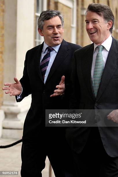 British Prime Minister Gordon Brown and Business Secretary Peter Mandelson arrive at the Saatchi Gallery on February 22, 2010 in London, England. Mr...