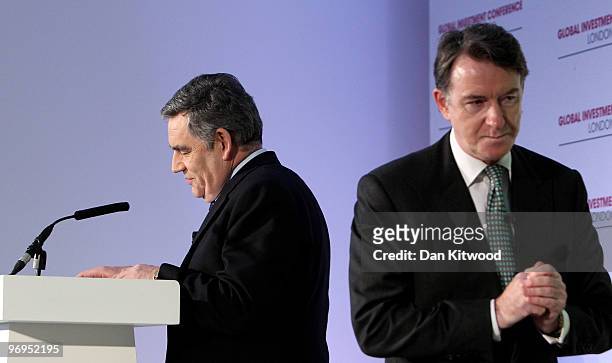 Business Secretary Peter Mandelson and British Prime Minister Gordon Brown speak at the Global Investmnent Conference at the Saatch Gallery on...