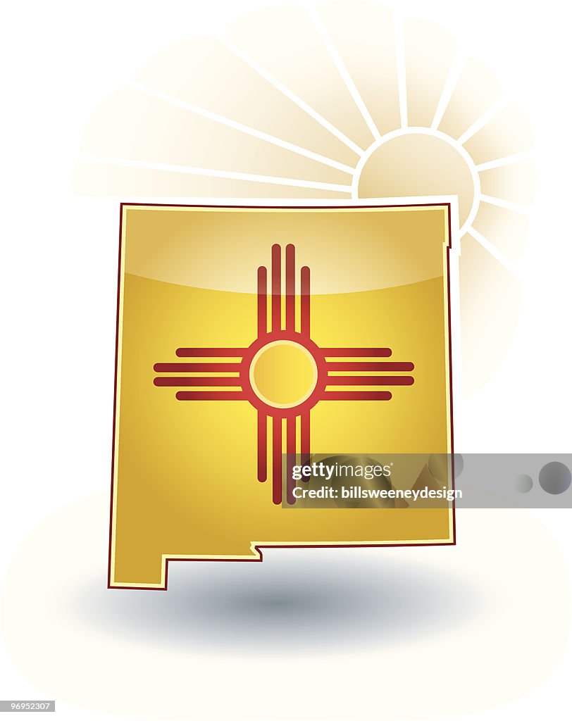 New Mexico State with flag, sun beams and shadow.