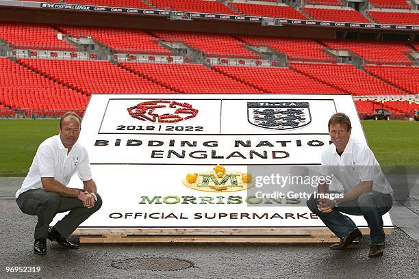 Alan Shearer and Teddy Sheringham pose for the media during a photo call to promote the launch of Morrisons as a sponsor of the England bid to host...