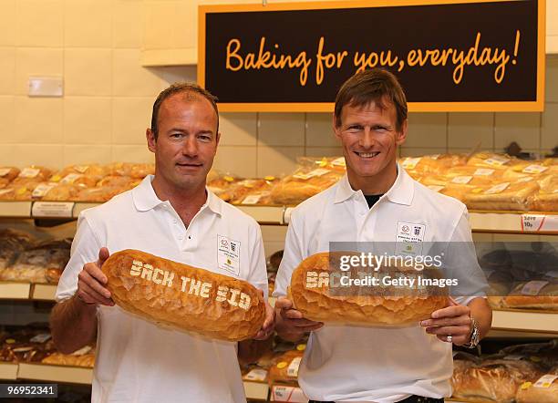 Alan Shearer and Teddy Sheringham pose for the media during a photo call to promote the launch of Morrisons as a sponsor of the England bid to host...