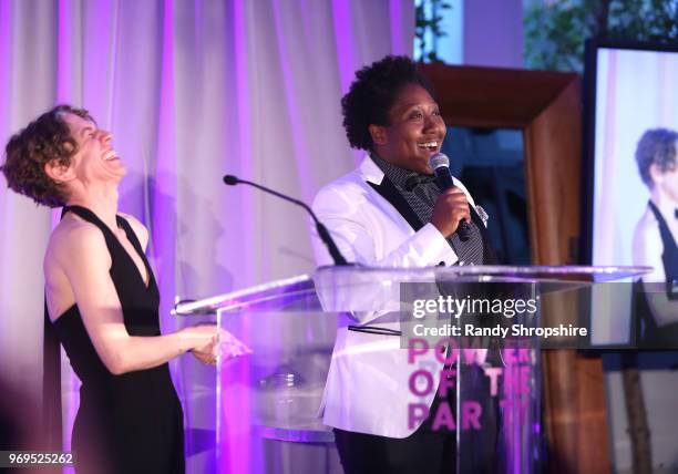 Lambda Legal CEO Rachel B. Tiven and boardmember Tamika Butler speak at the Lambda Legal 2018 West Coast Liberty Awards at the SLS Hotel on June 7,...