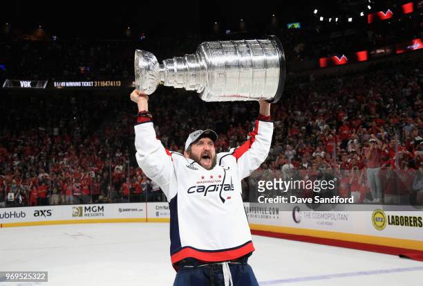 Alex Ovechkin of the Washington Capitals celebrates with the Stanley Cup after his team defeated the Vegas Golden Knights 4-3 in Game Five of the...