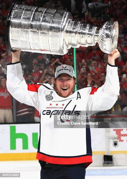 Nicklas Backstrom of the Washington Capitals celebrates with the Stanley Cup after his team defeated the Vegas Golden Knights 4-3 in Game Five of the...