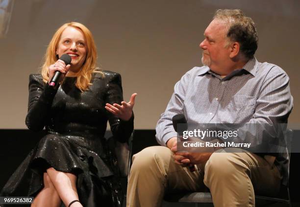 Actor Elisabeth Moss and producer Bruce Miller speak onstage at Hulu's "The Handmaid's Tale" FYC at Samuel Goldwyn Theater on June 7, 2018 in Beverly...