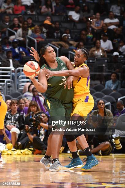 Courtney Paris of the Seattle Storm looks to pass the ball against the Los Angeles Sparks on June 7, 2018 at STAPLES Center in Los Angeles,...