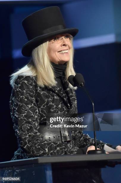 Diane Keaton speaks onstage during the American Film Institute's 46th Life Achievement Award Gala Tribute to George Clooney at Dolby Theatre on June...