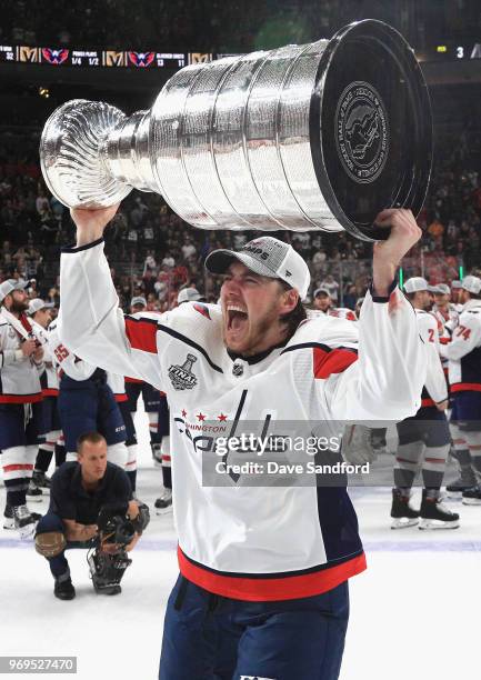 Oshie of the Washington Capitals celebartes as he lifts the Stanley Cup after the Capitals defeated the Vegas Golden Knights 4-3 in Game Five of the...