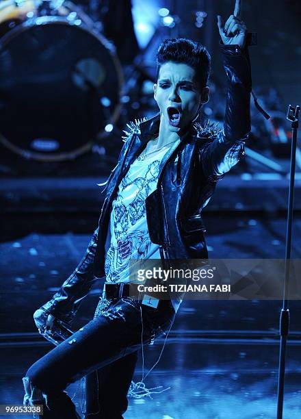 Bill Kaulitz of the German band 'Tokio Hotel' performs on the stage at the Ariston Theatre in Sanremo, during the 60th Italian Music Festival on...