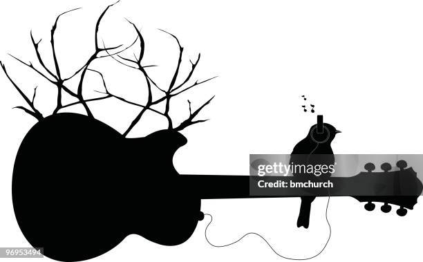 bird on a nature guitar with headphones - nodding head to music stock illustrations