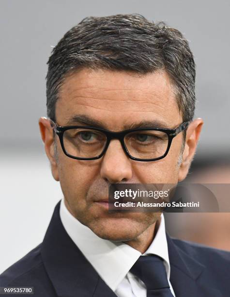 Italian football federation Vice Commissioner Alessandro Costacurta looks on before the International Friendly match between Italy and Netherlands at...