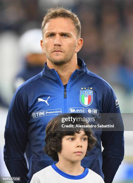 Domenico Criscito of Italy looks on before the International Friendly match between Italy and Netherlands at Allianz Stadium on June 4, 2018 in...