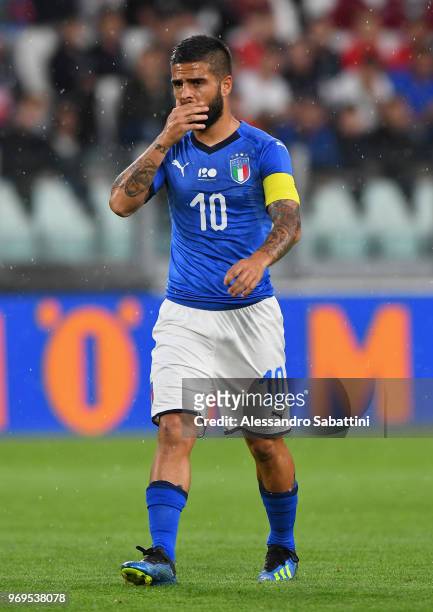 Lorenzo Insigne of Italy reacts during the International Friendly match between Italy and Netherlands at Allianz Stadium on June 4, 2018 in Turin,...