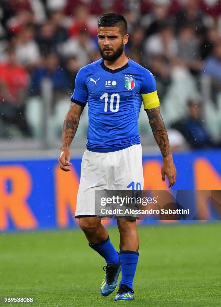 Lorenzo Insigne of Italy reacts during the International Friendly match between Italy and Netherlands at Allianz Stadium on June 4, 2018 in Turin,...