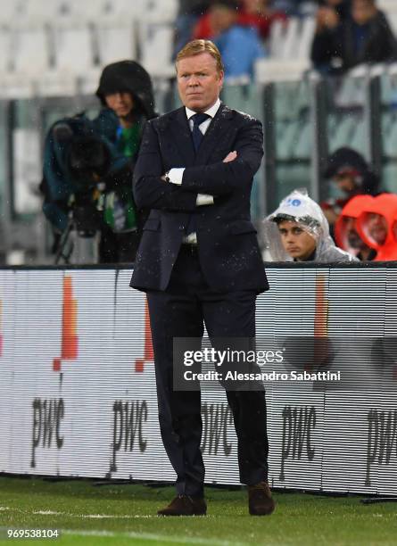 Ronald Koeman head coach of Netherlands looks on during the International Friendly match between Italy and Netherlands at Allianz Stadium on June 4,...