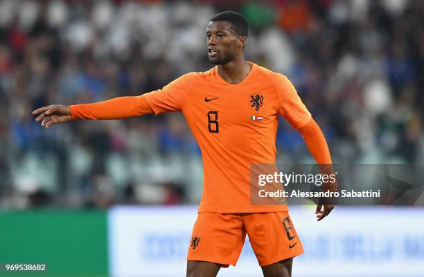 Georginio Wijnaldum of Netherlands gestures during the International Friendly match between Italy and Netherlands at Allianz Stadium on June 4, 2018...