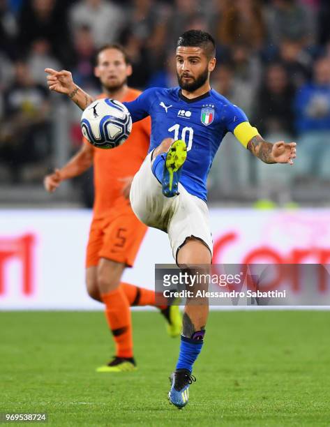 Lorenzo Insigne of Italy in action during the International Friendly match between Italy and Netherlands at Allianz Stadium on June 4, 2018 in Turin,...